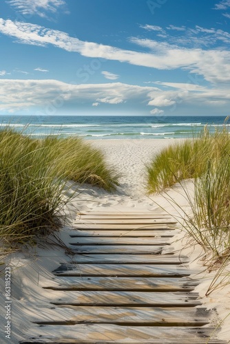 Obraz na płótnie Walkway at sandy beach leading tropical sea with grass w salonie