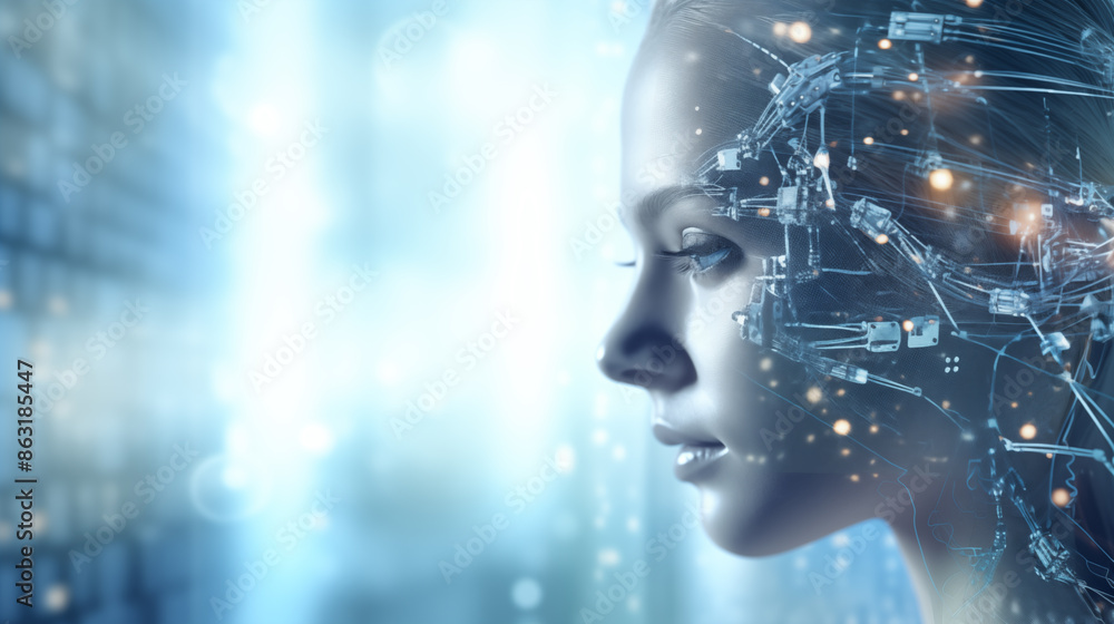 Abstract background, robot girl face , side view, light blue shades Abstract background, robot girl face , side view, light blue shades