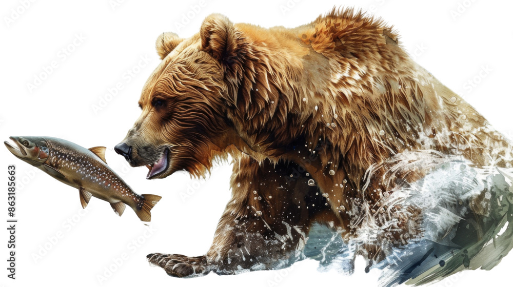 Fototapeta premium A bear is catching a fish in the water on transparent background