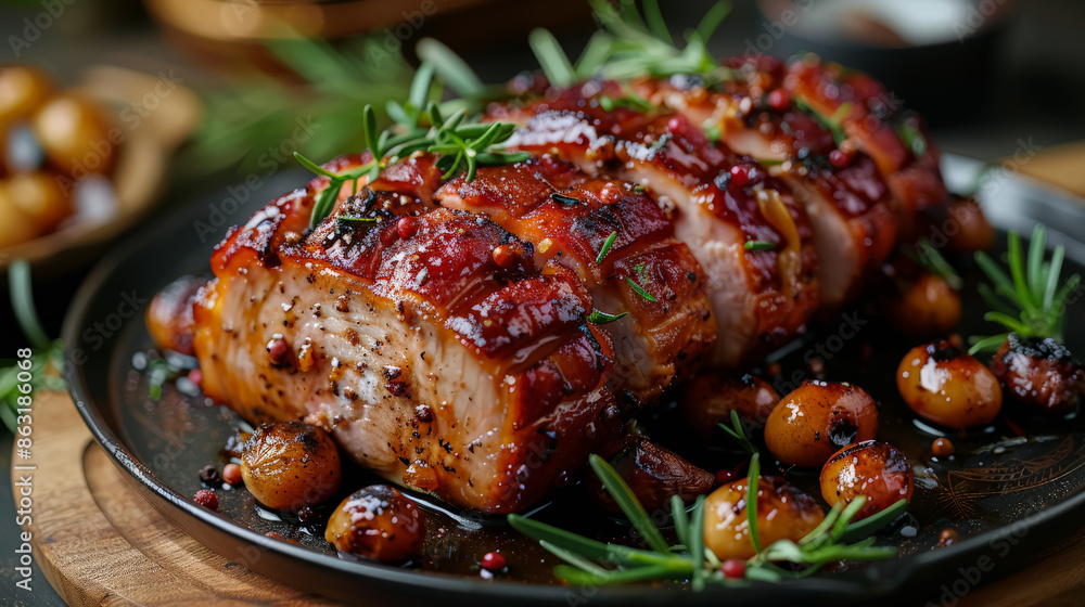 A large piece of meat with herbs and spices on top of a black plate. The meat is cut into slices and surrounded by a variety of vegetables, including grapes and olives. The dish looks delicious A large piece of meat with herbs and spices on top of a black plate. The meat is cut into slices and surrounded by a variety of vegetables, including grapes and olives. The dish looks delicious