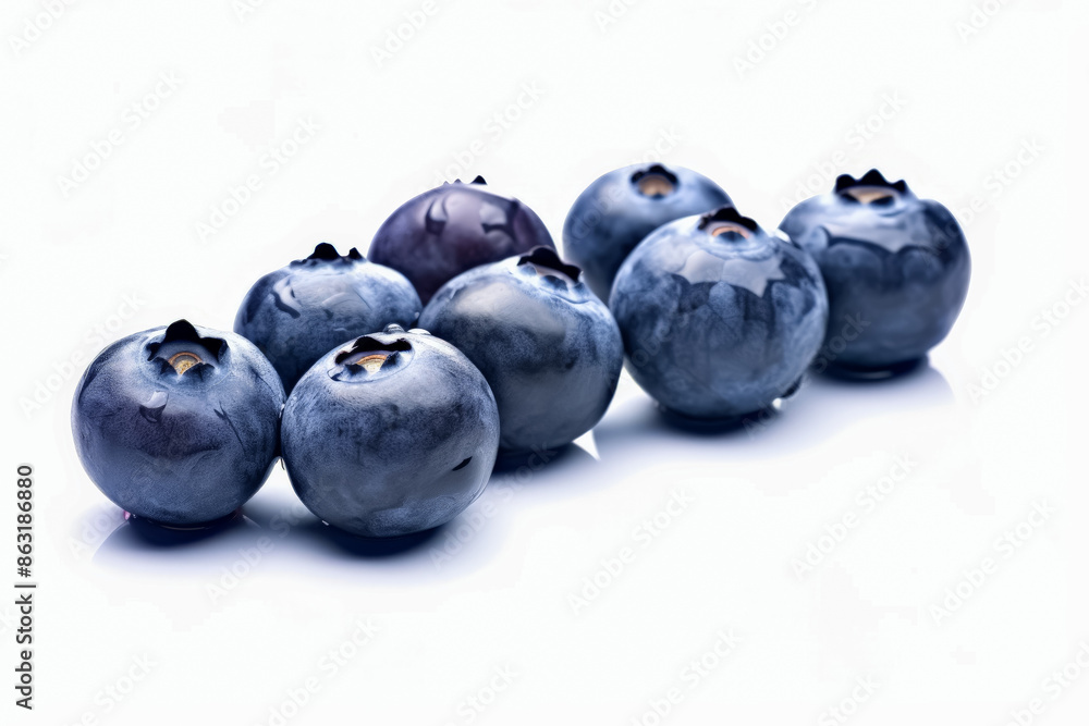 A row of blueberries on a white background. The blueberries are fresh and ripe. Concept of abundance and freshness A row of blueberries on a white background. The blueberries are fresh and ripe. Concept of abundance and freshness