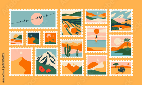 Set of retro nature landscape post card stamp. Vintage style natural environment scenery postage sticker collection, travel destination mail, beautiful tourism scenery. Includes mountain, beach view.	