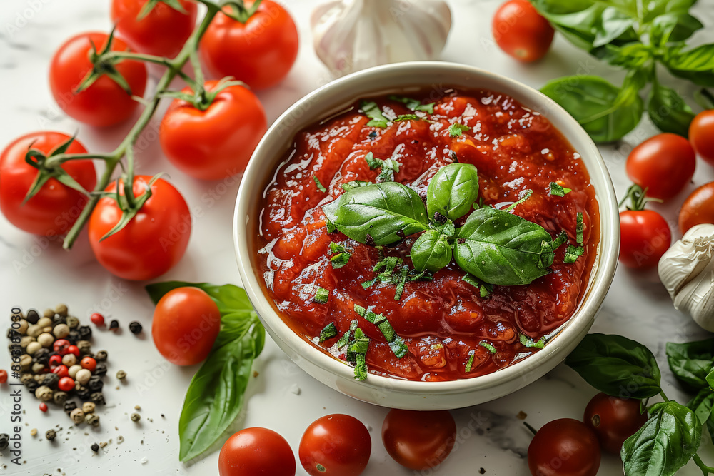 A white bowl filled with red sauce and basil sits on a table with a bunch of tomatoes and some spices A white bowl filled with red sauce and basil sits on a table with a bunch of tomatoes and some spices
