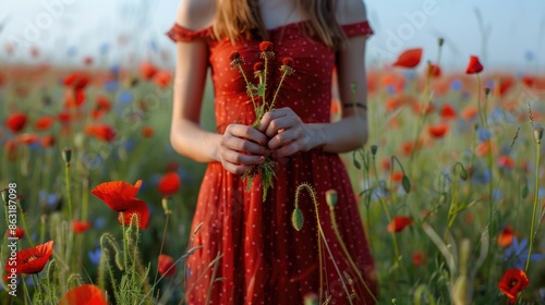 A young woman wearing a bright red dress stands amidst a field of colorful flowers © Ева Поликарпова