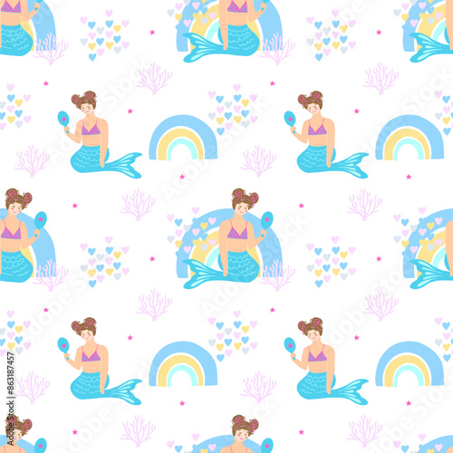 TempChildrens cute background, magic elements. Llittle mermaid seamless pattern. Vector illustration. Kids birthday, childrens magic print. late