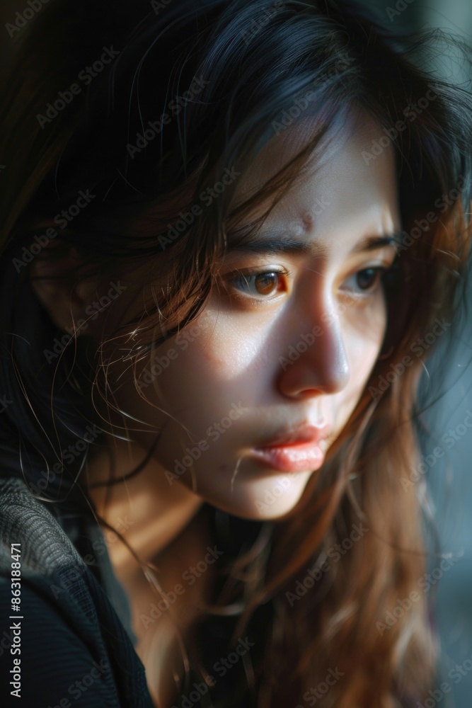 Portrait of a female with long hair, focus on her face and locks Portrait of a female with long hair, focus on her face and locks