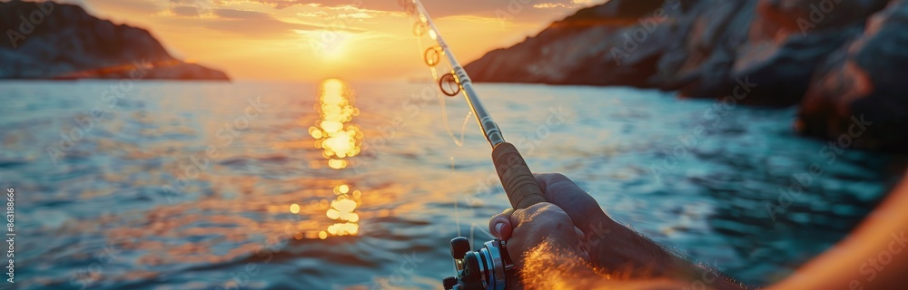 Person Fishing at Sunset on a Calm Ocean Person Fishing at Sunset on a Calm Ocean