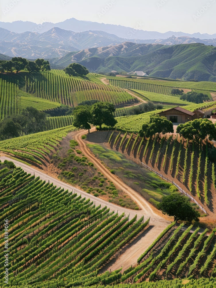 Fototapeta premium An aerial photo of a vineyard with rows of grapevines stretching across rolling hills, a small winery building nestled amongst the vines, and a dirt road leading through the property.