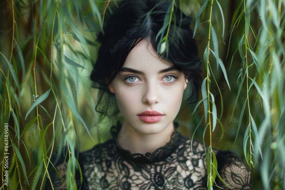 A woman wears a black lace dress and stands under a tree A woman wears a black lace dress and stands under a tree