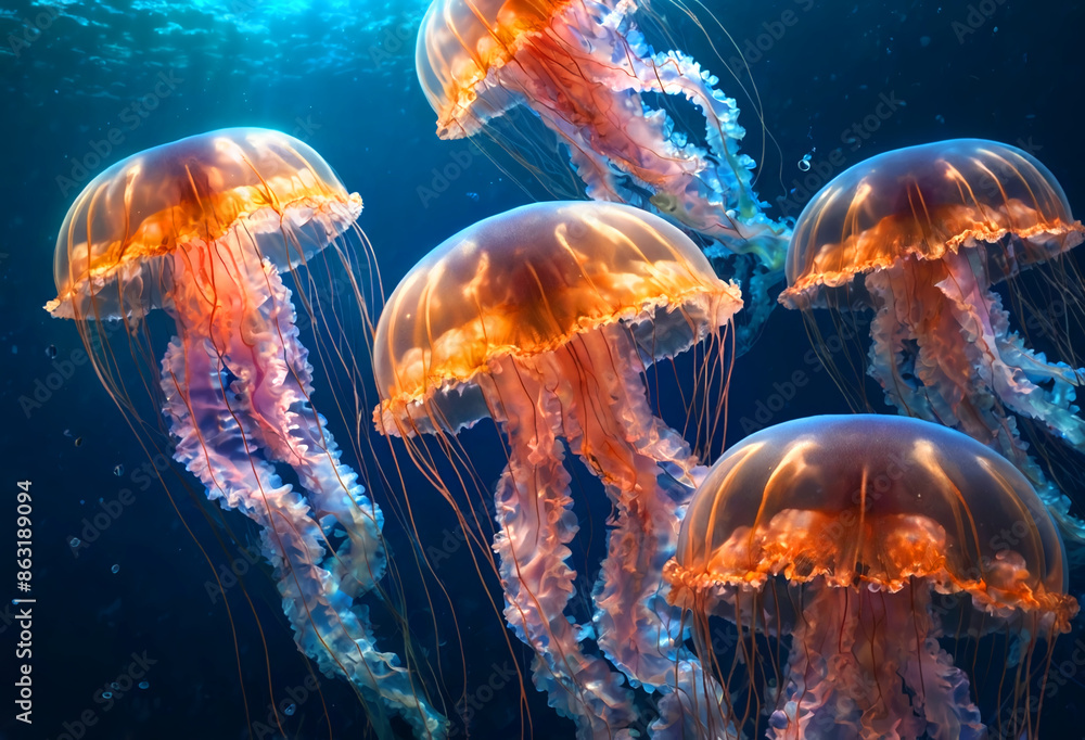 Glowing jellyfish underwater. Generative AI Glowing jellyfish underwater. Generative AI