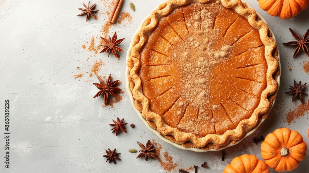 Top view of tasty and healthy homemade pumpkin pie over a clean backdrop and a big space for text or product Top view of tasty and healthy homemade pumpkin pie over a clean backdrop and a big space for text or product