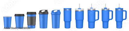 Thermo cup with handle and straw. 20, 30, 40 oz. Travel thermos. Set of blue mugs. Tumbler. Sport shaker,. Paper cup with plastic lid and cupholder	
