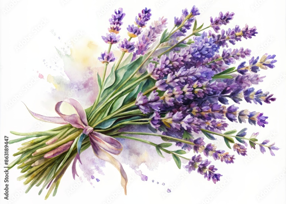 Fototapeta premium Delicate watercolor depiction of a lavender bouquet, reminiscent of Provence flora, with soft purple hues and gentle brushstrokes on a white background.