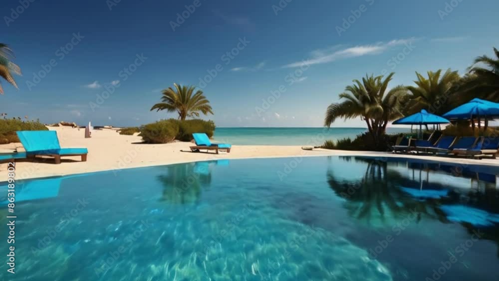 Luxury Pool with Palm Trees and Blue Lounge Chairs on a White Sand Beach Luxury Pool with Palm Trees and Blue Lounge Chairs on a White Sand Beach