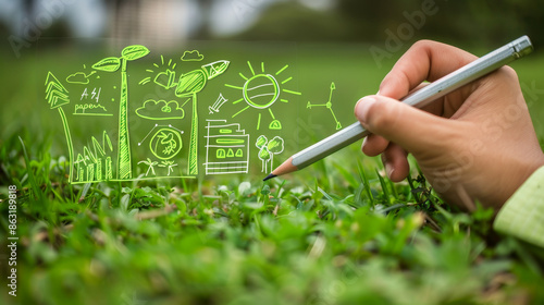 Hand holding pencil drawing green energy symbols and charts on nature background, Green environmental protection concept
