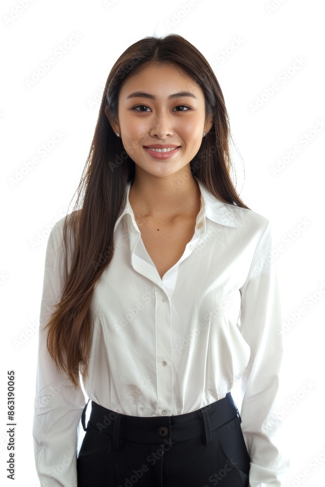 A woman dressed in a white shirt and black pants, standing or sitting