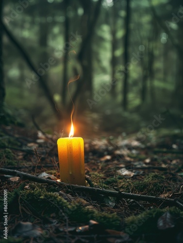 Lit candle in woodland