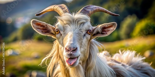 A playful goat with shaggy fur and curved horns sticks out its pink tongue, showcasing a carefree and humorous expression in a natural setting. photo