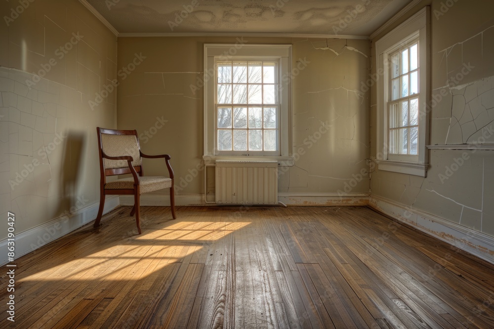 A simple room with a single chair and a window A simple room with a single chair and a window