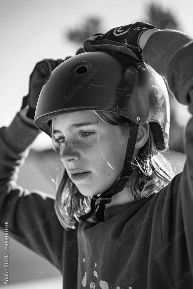 Young Skateboarder Adjusting Helmet and Pads at Olympic Skatepark - Preparation and Determination Young Skateboarder Adjusting Helmet and Pads at Olympic Skatepark - Preparation and Determination