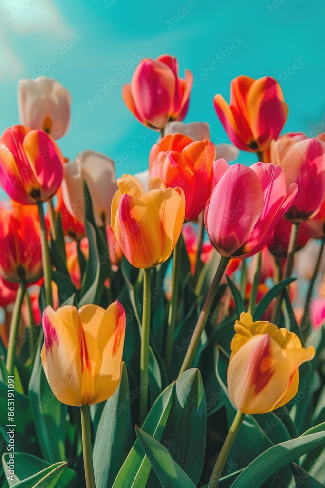 A bright and cheerful bouquet of tulips growing in a lush green field A bright and cheerful bouquet of tulips growing in a lush green field