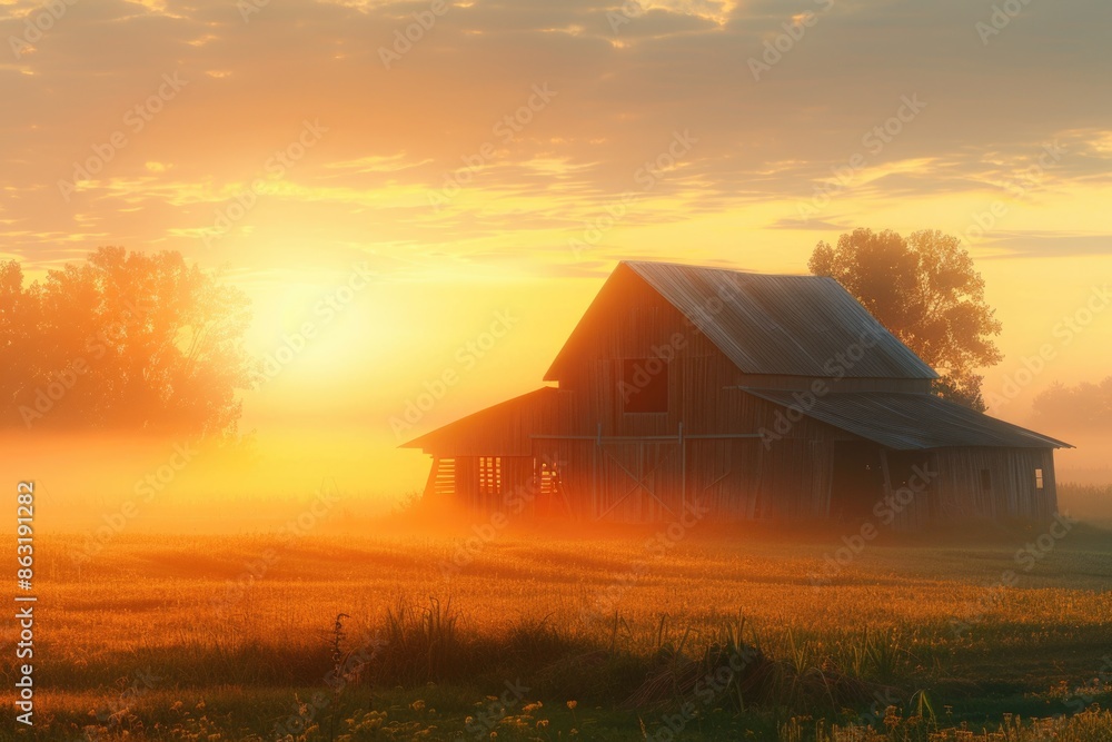 A rustic barn in a field with the sun setting behind it A rustic barn in a field with the sun setting behind it