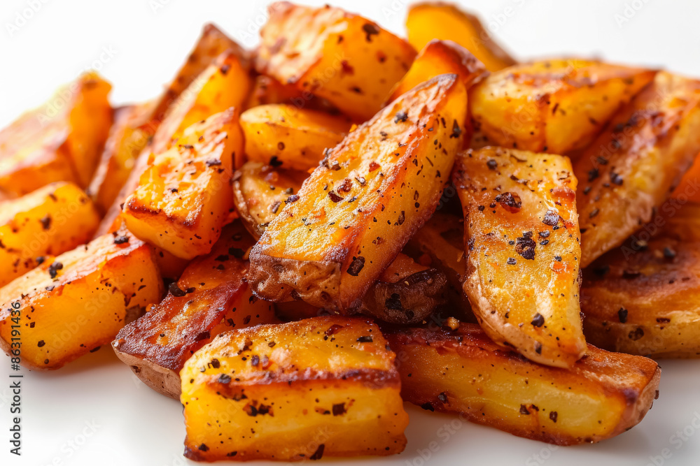 A plate of roasted potatoes with rosemary and pepper. The potatoes are cut into small pieces and are covered in herbs and spices. The dish looks delicious and appetizing A plate of roasted potatoes with rosemary and pepper. The potatoes are cut into small pieces and are covered in herbs and spices. The dish looks delicious and appetizing