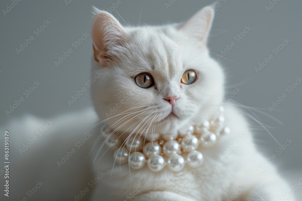 A domesticated white cat wearing a pearl necklace, a unique and elegant pet accessory
