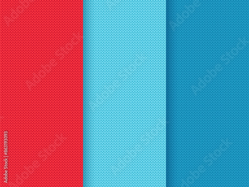 Knit seamless pattern red and blue. Set sweater texture backgrounds. Print with empty place for text. Handicraft abstract ornament. Wool pullover. Color vector illustration.