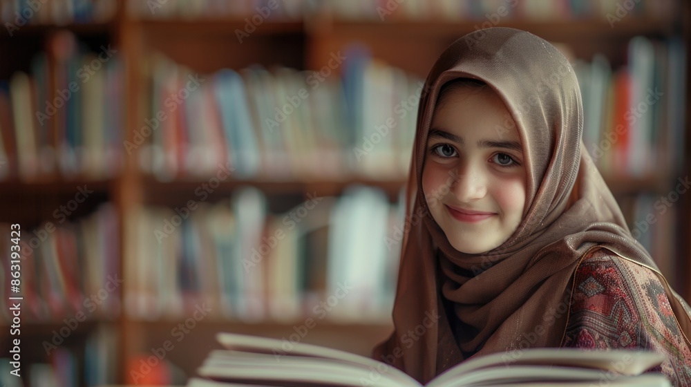 A woman wearing a hijab sits and reads a book, providing a quiet moment of contemplation A woman wearing a hijab sits and reads a book, providing a quiet moment of contemplation