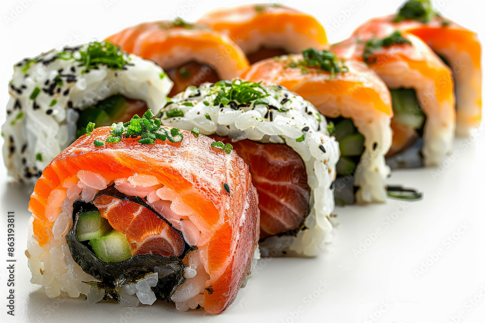 A sushi roll with avocado and salmon on top. The sushi roll is on a white plate with a green garnish A sushi roll with avocado and salmon on top. The sushi roll is on a white plate with a green garnish