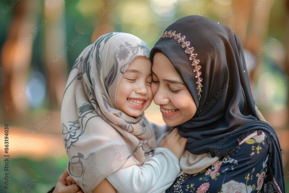 A tender moment of affection between a woman and a child as they hug each other A tender moment of affection between a woman and a child as they hug each other