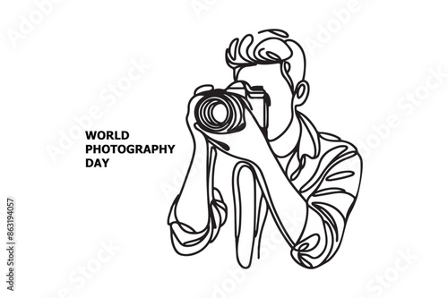 Single one line drawing Photographer with camera. World photography day concept. Continuous line draw design graphic vector illustration.