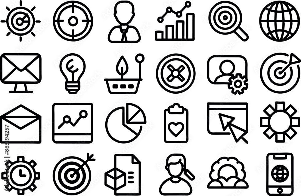 Fototapeta premium Marketing concept editable stroke outline icons set isolated on white background flat vector illustration