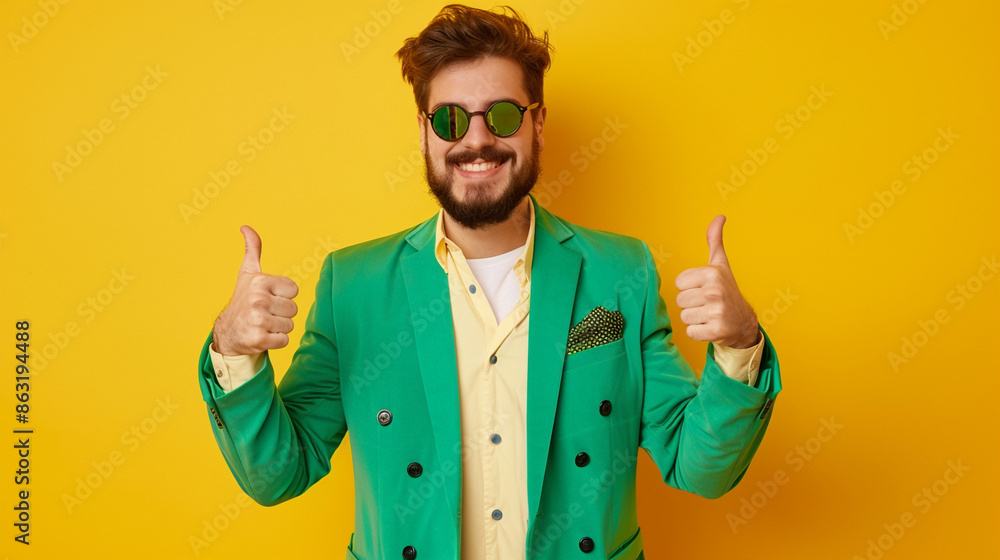 Happy confident bearded man in trendy funky green suit and sun glasses standing on yellow studio background, smiling and giving thumbs up with both hands Happy confident bearded man in trendy funky green suit and sun glasses standing on yellow studio background, smiling and giving thumbs up with both hands