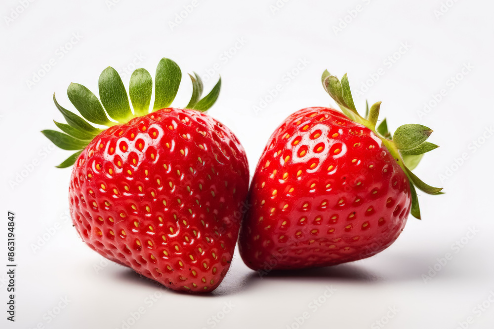 Two red strawberries are placed next to each other on a white background. Concept of freshness and natural beauty, as the strawberries are ripe and ready to be eaten Two red strawberries are placed next to each other on a white background. Concept of freshness and natural beauty, as the strawberries are ripe and ready to be eaten