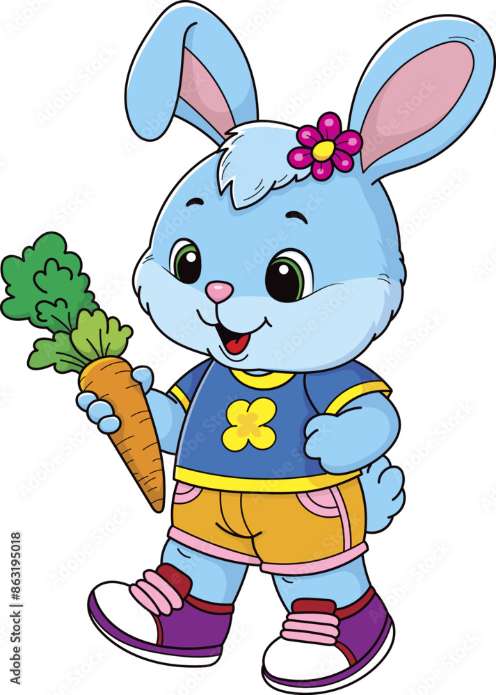 Coloring page outline of the cartoon cute rabbit with carrot. Colorful ...