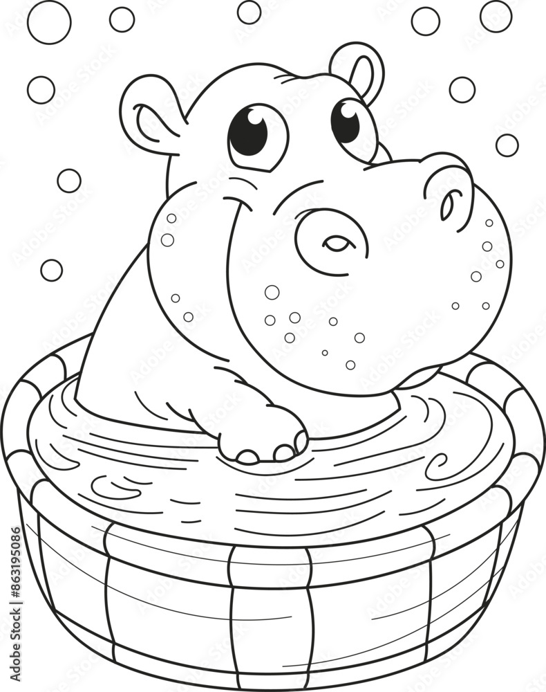 Coloring page outline of the cartoon smiling cute hippo takes a bath ...