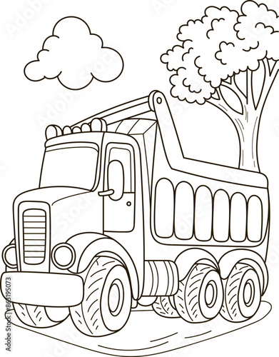 Coloring page outline of the cartoon big truck car. Colorful vector illustration, summer coloring book for kids.