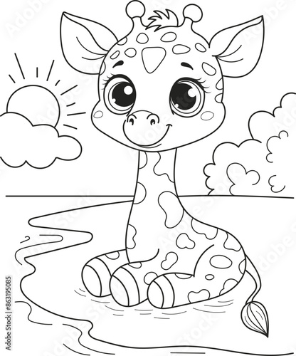 Coloring page outline of the cartoon smiling funny giraffe. Colorful vector illustration, summer coloring book for kids.