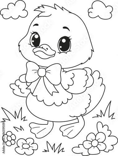 Coloring page outline of the cartoon smiling cute duck. Colorful vector illustration, summer coloring book for kids.