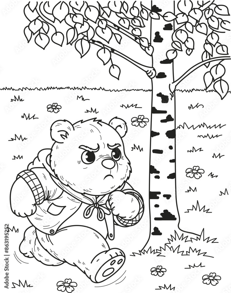 Coloring page outline of the cartoon smiling cute big bear runs in the ...