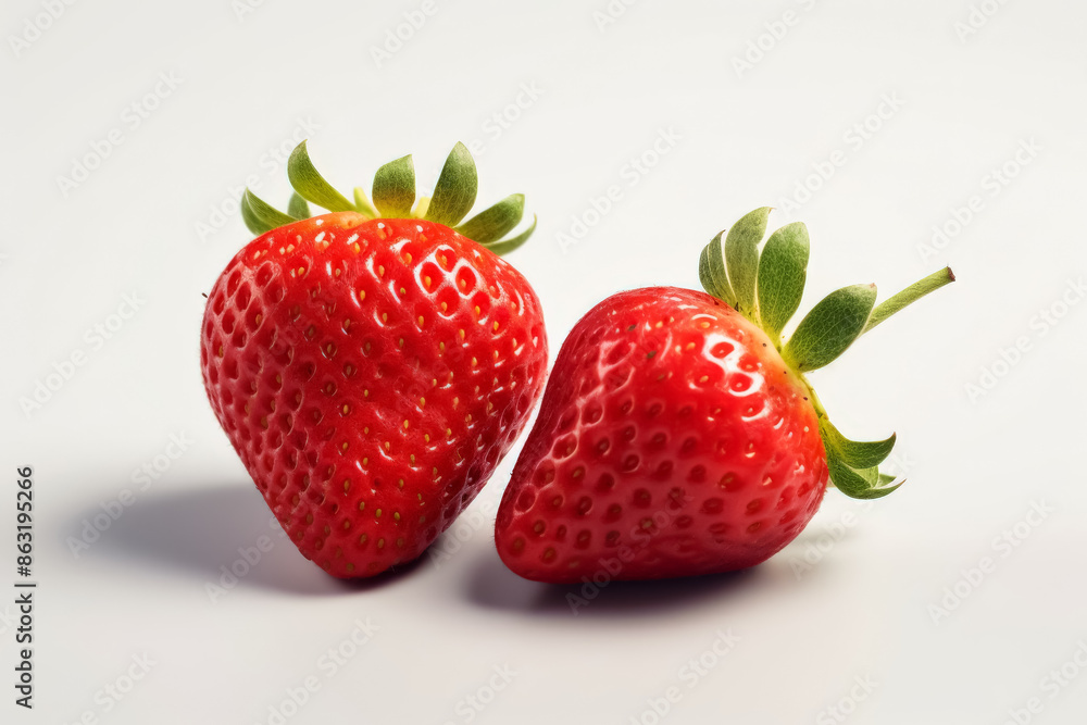 Two red strawberries are placed next to each other on a white background. Concept of freshness and natural beauty, as the strawberries are ripe and ready to be eaten