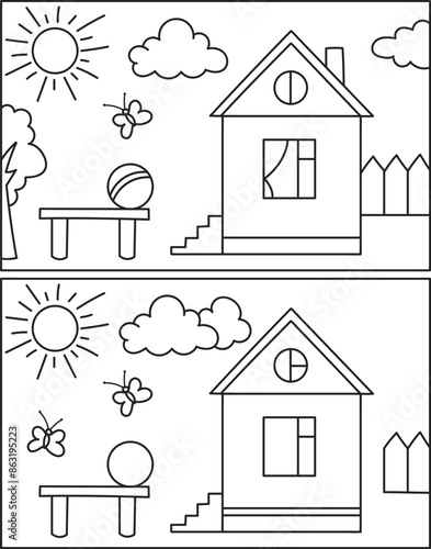 Find ten differences. House. Coloring page outline of the cartoon game. Colorful vector illustration of educational game for preschool children, summer coloring book for kids. 