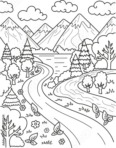Coloring page outline of the cartoon landscape. Colorful vector illustration, summer coloring book for kids.