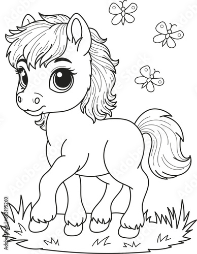 Coloring page outline of the cartoon smiling cute little horse with butterflies. Colorful vector illustration, summer coloring book for kids.
