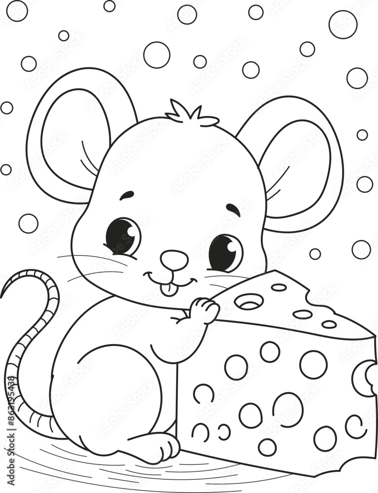 Obraz premium Coloring page outline of the cartoon smiling cute little mouse with cheese. Colorful vector illustration, summer coloring book for kids.