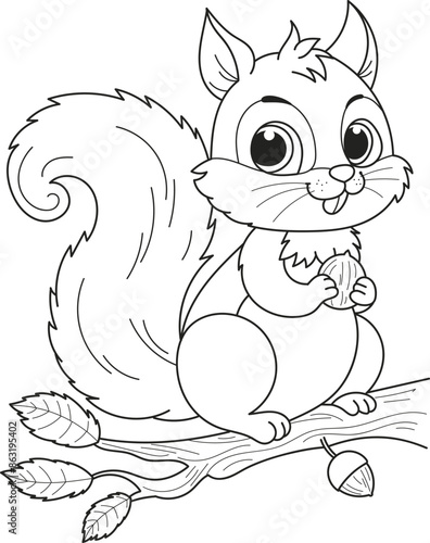 Coloring page outline of the cartoon smiling cute squirrel with the big nut. Colorful vector illustration, summer coloring book for kids.