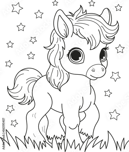Coloring page outline of the cartoon smiling cute little horse. Colorful vector illustration, summer coloring book for kids.