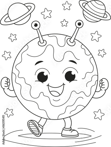 Coloring page outline of the cartoon smiling cute planet in space with stars. Colorful vector illustration, coloring book for kids.